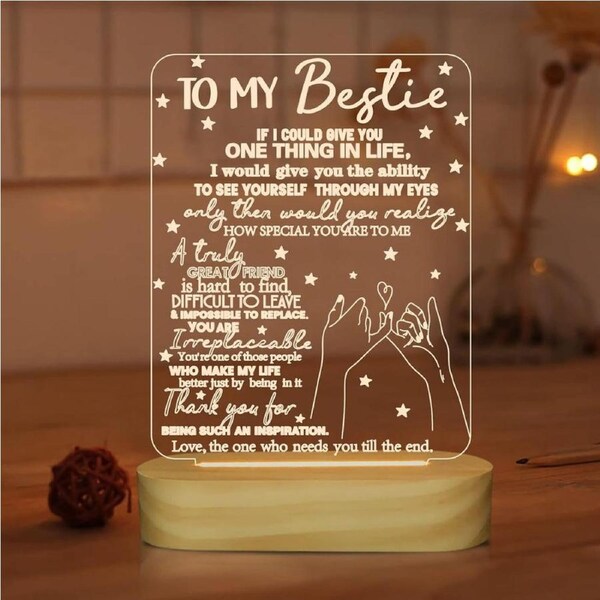 to My Bestie Gifts, Friends Night Light for Best Friend Sister Boys & Girls Women BFF Birthday Holiday Friendship, Soft Warm White Colors LED Wooden Table Lamp