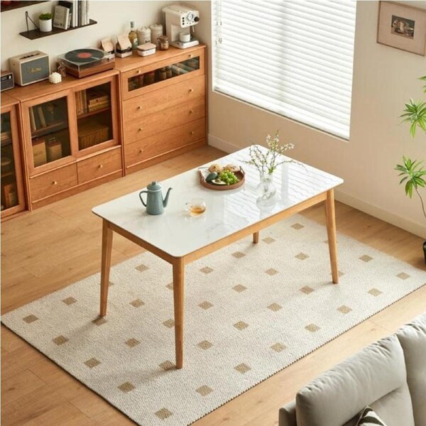 Hayde Glossy Ceramic Top Dining Table/Solid Wood Legs in Natural Wood Color/140CM