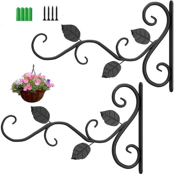 2 Pack Heavy Duty Hanging Basket Plant Hook with Screws for Lanterns Wrought Iron Plant Bracket Planter Flower Hanger Bird Feeder Fence