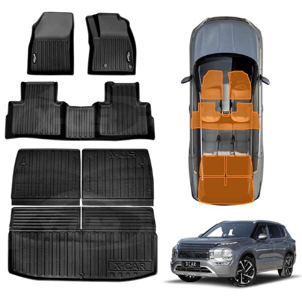 Front Rear Floor Mats Boot Liners for Mitsubishi Outlander ZM Petrol 7 Seater 2021-Onwards Heavy Duty Customized Car Liners Full Set