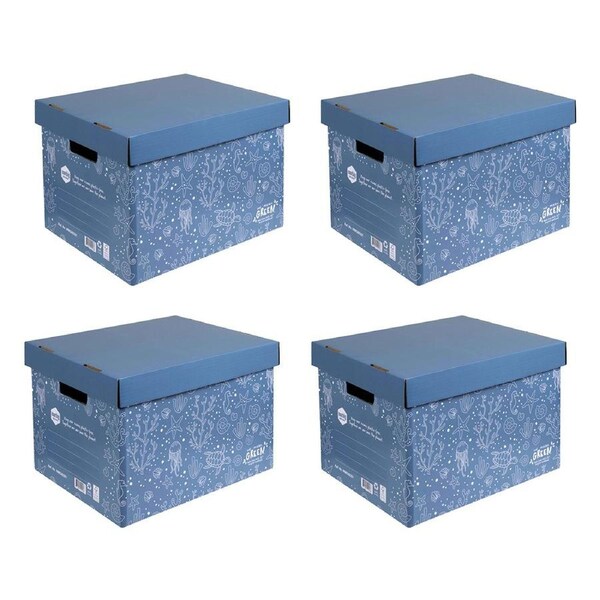 4x Marbig We Mean Green Enviro Recycled Stackable Cardboard Archive Box Sea Blue