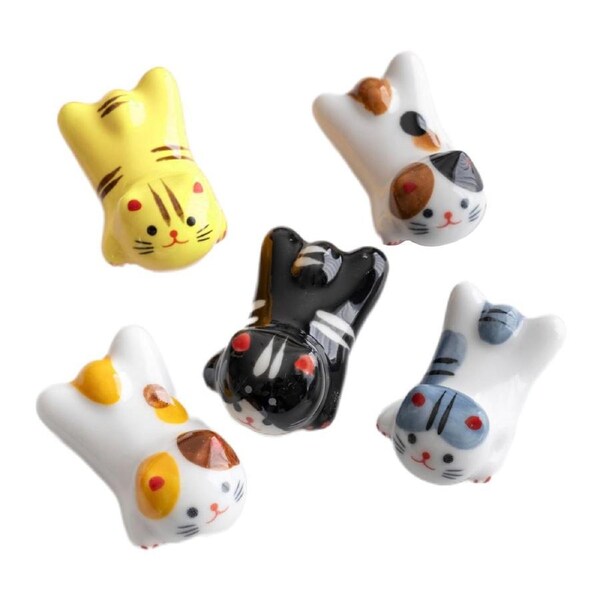 5PCS Cute Kitten Ceramic Chopstick Holder Set Cat Chopsticks Rack Pen Rest Craft
