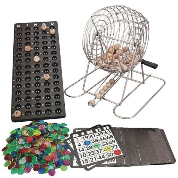 Premium Family Bingo Set with 30cm Tall Metal Cage with Wooden Balls