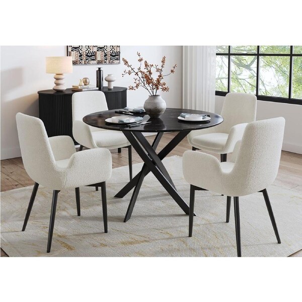 Modern Marble Round Dining Set with Sherpa Chairs