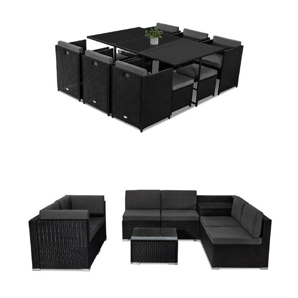 Outdoor Furniture Packages Bali 11 Piece Dining Set+ 8 Piece Lounge Sofa-Black
