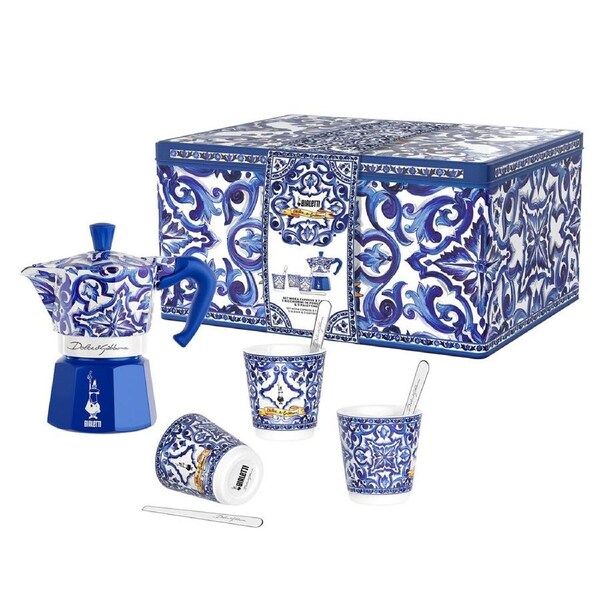 Bialetti Dolce & Gabbana Gift Set - Moka 3 Cup + 3 Cups + Stirrers - Blue