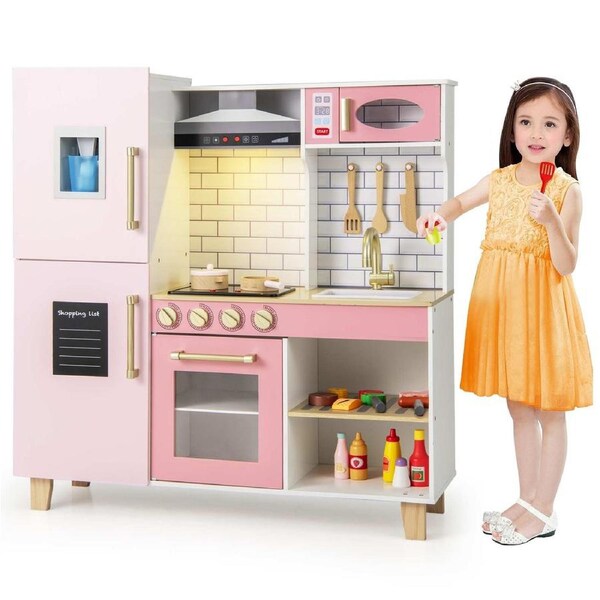 Costway Pretend Play Kitchen Kitchen Playset w/BBQ Grill & Cooking Accessories Toy Gift Pink