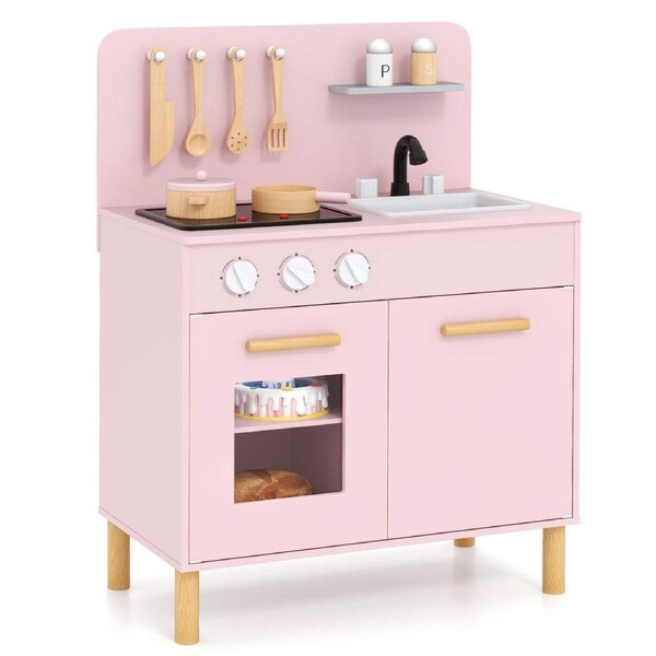 Costway Mini Pretend Play Kitchen Kitchen Playset w/Oven & Cooking Accessories Toy Gift Pink