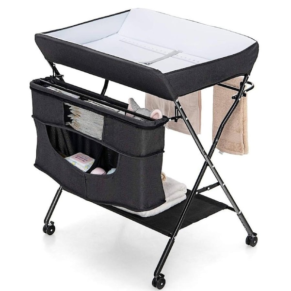 Costway Folding Changing Table Water-Proof Diaper Station Adjustable Nursing Desk w/Wheels & Storage Black