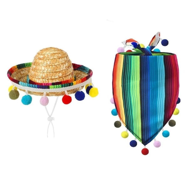 2pcs Striped Triangle Scarf Colourful Hairball Pet Straw Hat Scarf Set for Pets