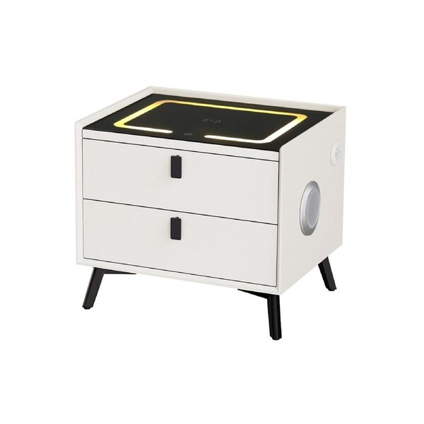 Smart Bedside Table 2 Drawers with Wireless Charging Ports LED White AIKA