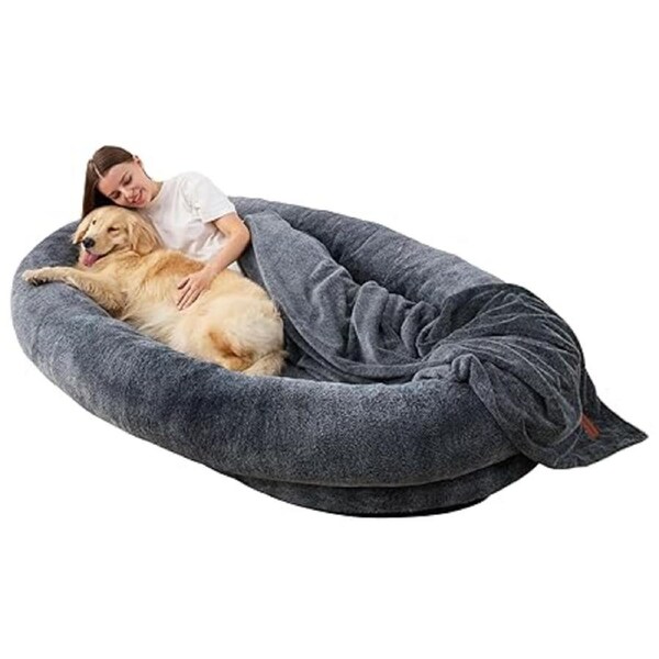 Fin Large Human Dog Bed Anti-Slip Detachable Bean Bag Mat With Cozy Blanket