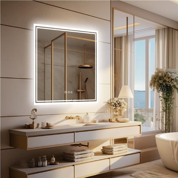Fin 80X80Cm Led Lighted Bathroom Mirror Backlit Smart Anti-Fog Vanity Mirror