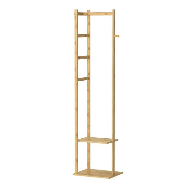 Fin Sustainable Bamboo Coat Rack Freestanding With 2 Storage Shelf Bedroom Corner