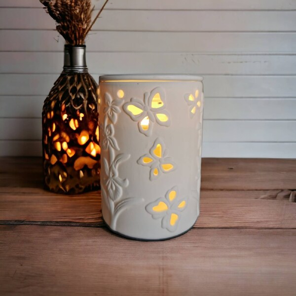 Fin White Butterfly Ceramic Electric Oil Burner Lamp Wax & Globe