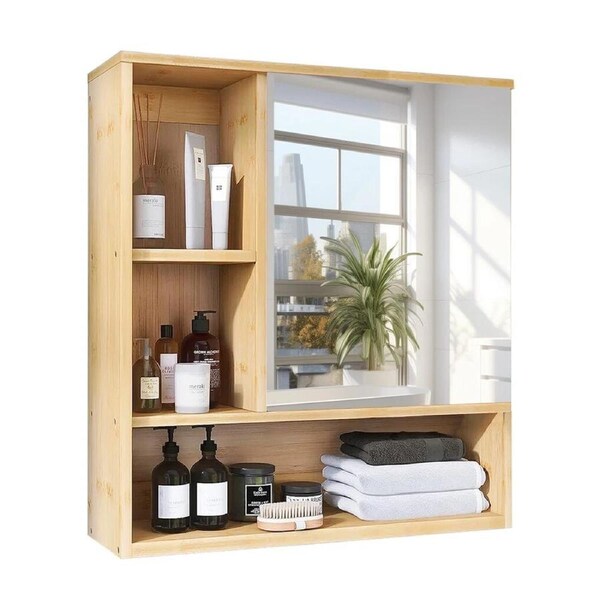 Fin Large Bamboo Bathroom Mirror Cabinet Space Saver Wall Cabinet Hd Vanity Mirror
