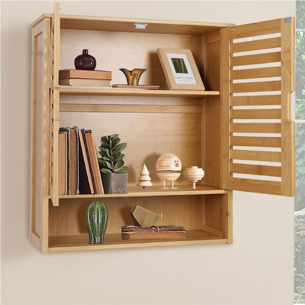 Fin Double Door Wood Kitchen Wall Mounted Cabinet 3 Tier Medicine Storage Organizer