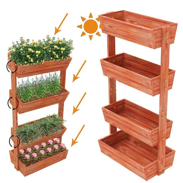 Fin Freestanding Tiered Raised Herb Garden Elevated Wooden Planter Stand In/Outdoor