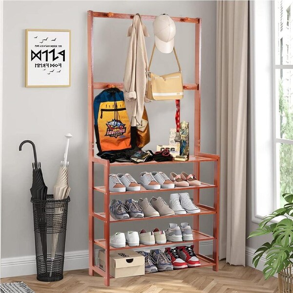 Fin Narrow & Tall Coat Shoe Rack With Jackets Bags Pegs Hall Tree Entrance Standing