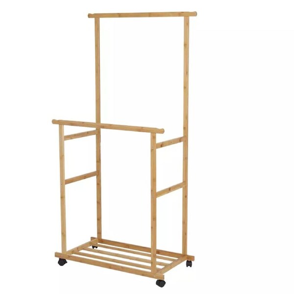Fin High Strength Bamboo Garment Rack For Hanging Clothes Double Rod Wardrobe Rack