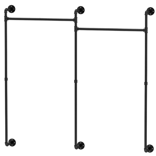 Fin Jumbo Industrial Pipe Clothes Rack Wall Mounted Black Iron Garment Bar Closet