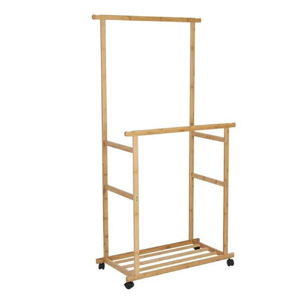 Fin Rolling Bamboo Clothes Rail Full Open Wardrobe Garment Rack Stand Trousers Bar