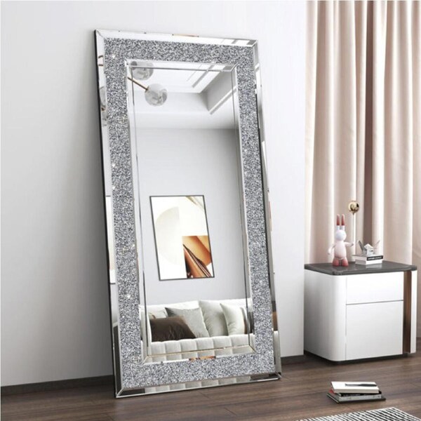 Fin Oversize Glam Diamond Wall Mirror Bling Crushed Crystal Full Length Floor/ Wall