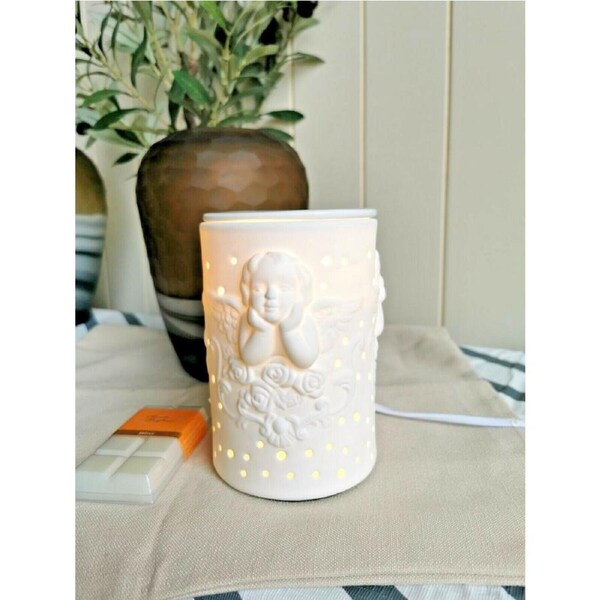 Fin White Ceramic Cherub Electric Oil Burner Lamp Wax & Globe