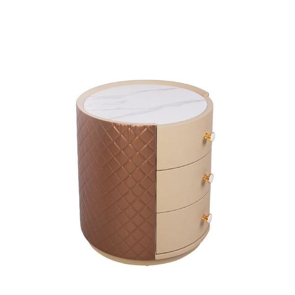 Fin Modern Exquisite Leather Side Marble Round Nightstand 3 Drawers Storage Cabinet