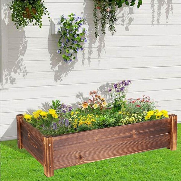 Fin Wide Garden Raised Bed Planter Box Carbonized Wood For Yard Flower Plants Herbs