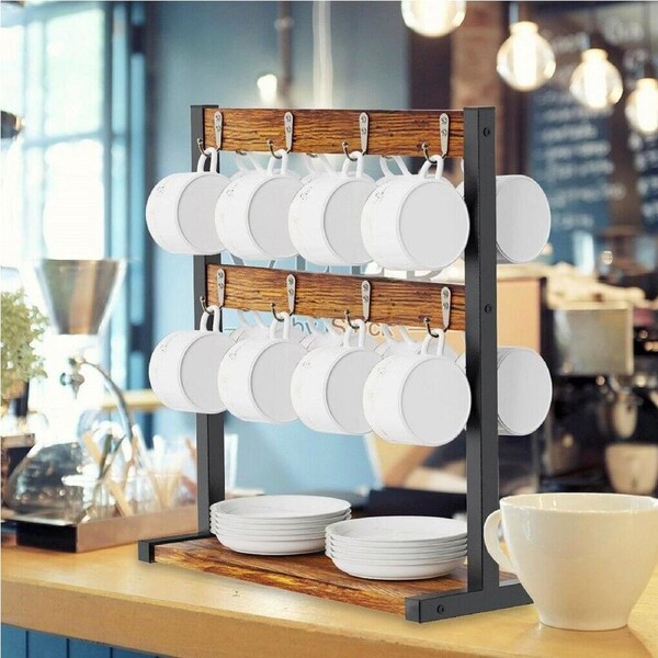 Fin Wood Coffee Mug Holder Stand 2 Tier Bar Kitchen Countertop Mug Tree Holder Rack