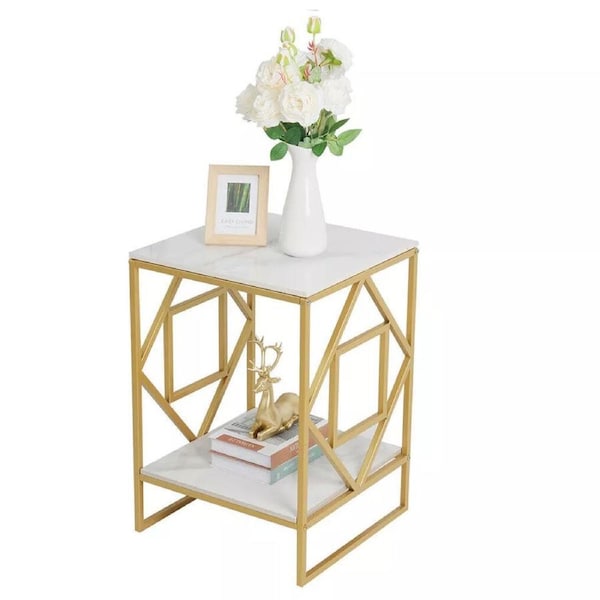 Fin Modern Marble End Table Coffee Side Table With Storage Shelf For Plant Magazine