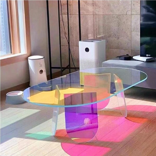 Fin Fashionable Neon Acrylic Coffee Table Rainbow Oval Center Table Home Cafe Decor