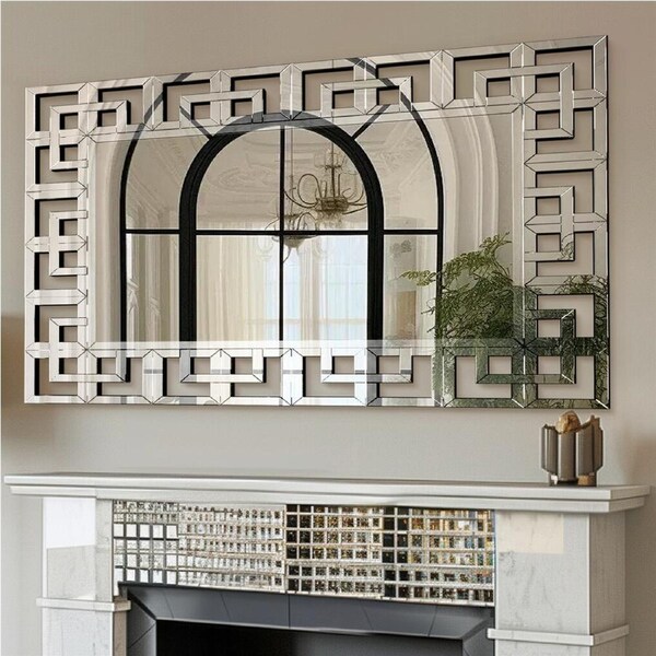 Fin 1.2M Oversized Silver Grecian Venetian Mirror Accent Mirror W Beveled Glass Edge