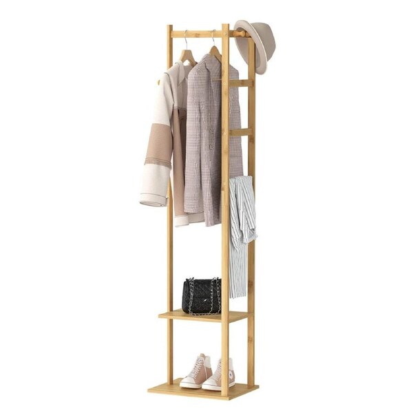 Fin Heavy Duty Bamboo Coat Stand Freestanding Corner Clothes Rack W/ Hook & Shelves