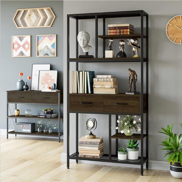 Fin Tall Bookshelf With Drawers Industrial Bookcase With 6 Tiers Storage Shelves Au