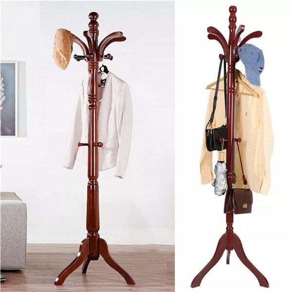 Fin Rustic Wooden Coat Rack Stand Height Adjustable Hall Tree Entryway Clothes Rail