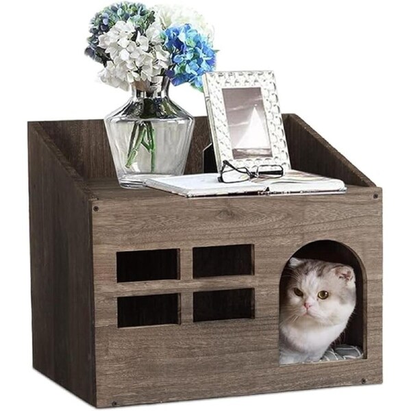 Fin 2 Tier Wooden Cat Litter Box Cat Bed Cave Pet House Nightstand Indoor Outdoor Au