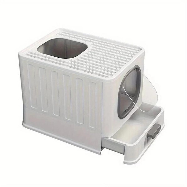 Fin Big Top Entry Deep Tray Enclosed Kitty Cat Litter Box Easy To Clean Pull Handle