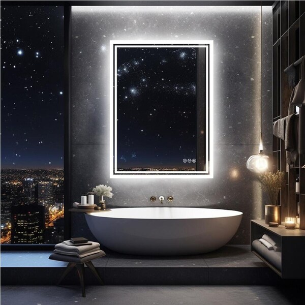 Fin Large Led Bathroom Mirror Dimmable Lights Anti-Fog Frameless 50X70Cm