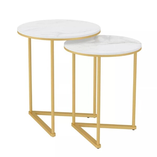 Fin 2Pack Round Nesting End Table Side Coffee Table Marble Top With Solid Steel Base