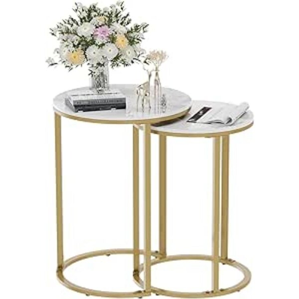 Fin 2Pcs Gold Marble Nesting Side End Tables Round Small Stacking Drink Coffee Table