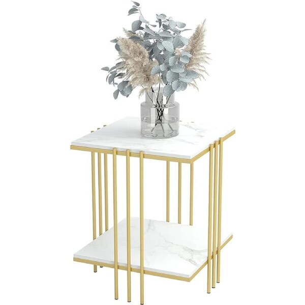 Fin 2-Tier Square Slate End Table Sofa Side Table Gold Frame Coffee Table Livingroom