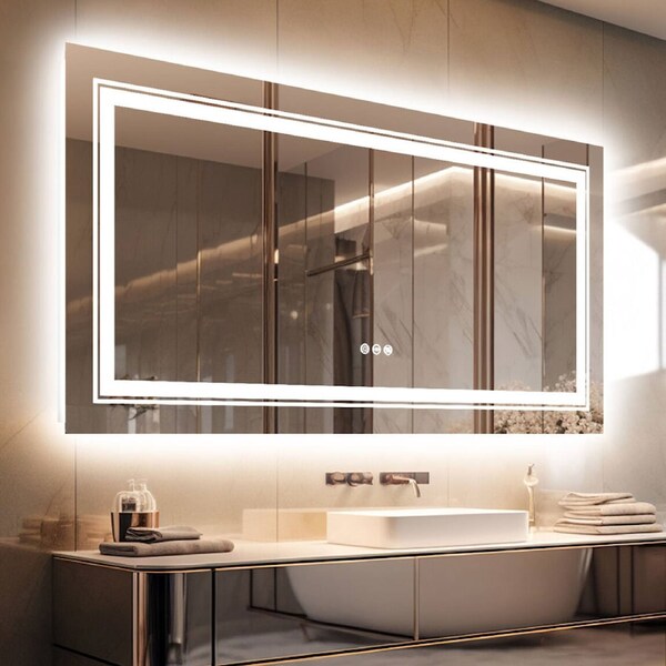 Fin Anti-Oxide Hd Led Bathroom Mirror Dimmable Anti-Fog Memory W/ 3 Lights Changing