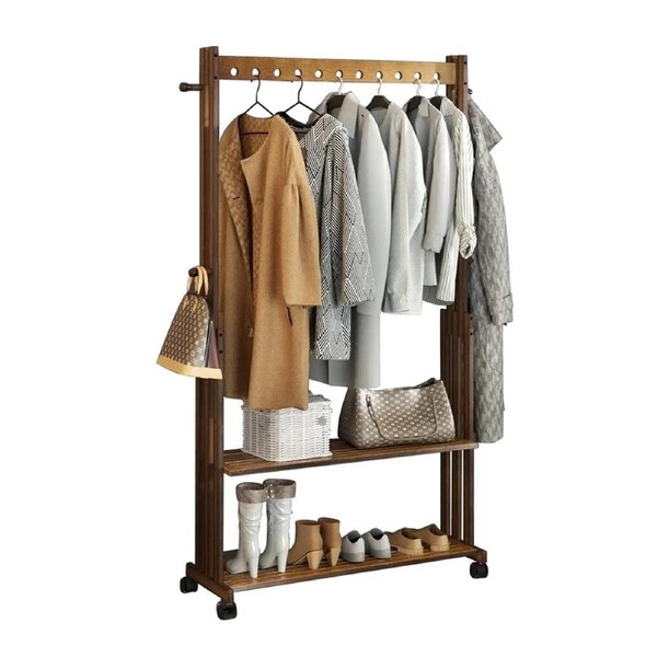 Fin Retro Wooden Clothes Rail Rack Garment Shoe Stand Open Wardrobe Removable Shelf