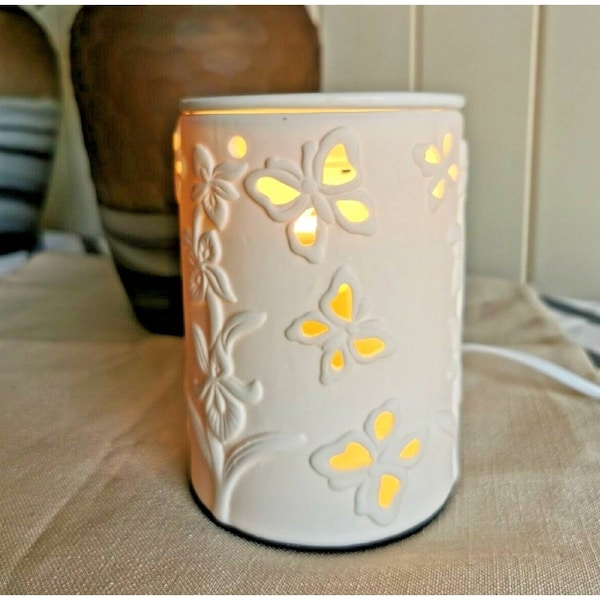 Fin White Ceramic Butterfly & Flower Electric Oil Burner Lamp Wax & Globe