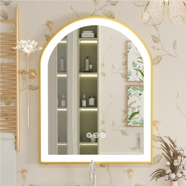 Fin Large Arch Led Bathroom Mirror Anti-Fog Thick Gold Aluminum Frame Makeup Mirror