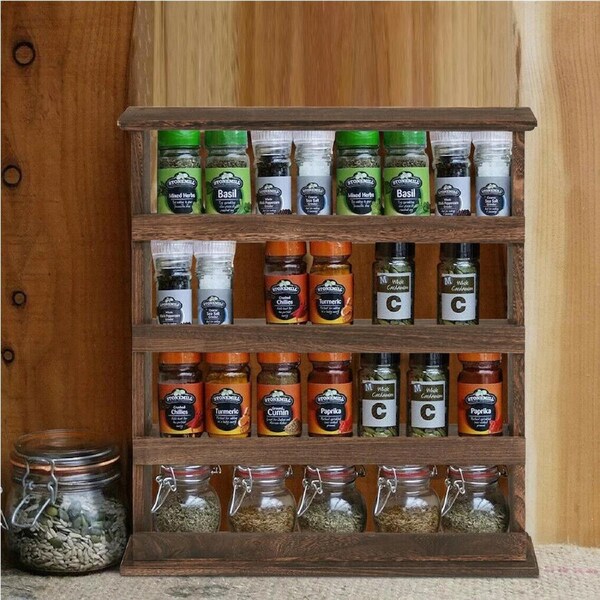 Fin Vintage Wooden 4-Tier Spice Rack Wall Hanging Shelf Kitchen Storage Jars Stand