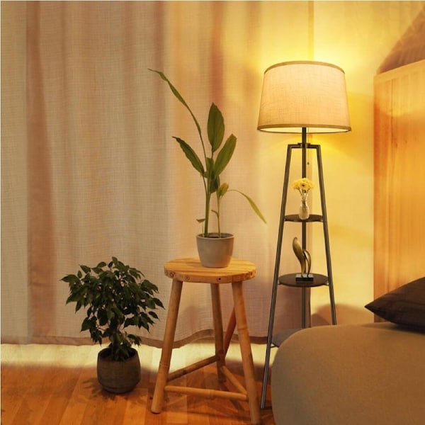 Fin 62" Floor Lamp Standing Modern Tall Pole Reading Light With Shelves Fabric Shade