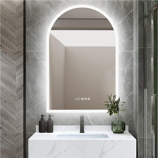 Fin 60*90Cm Modern Arch Top Led Lighted Bathroom Mirror Backlit Antifog W/ Timer Set